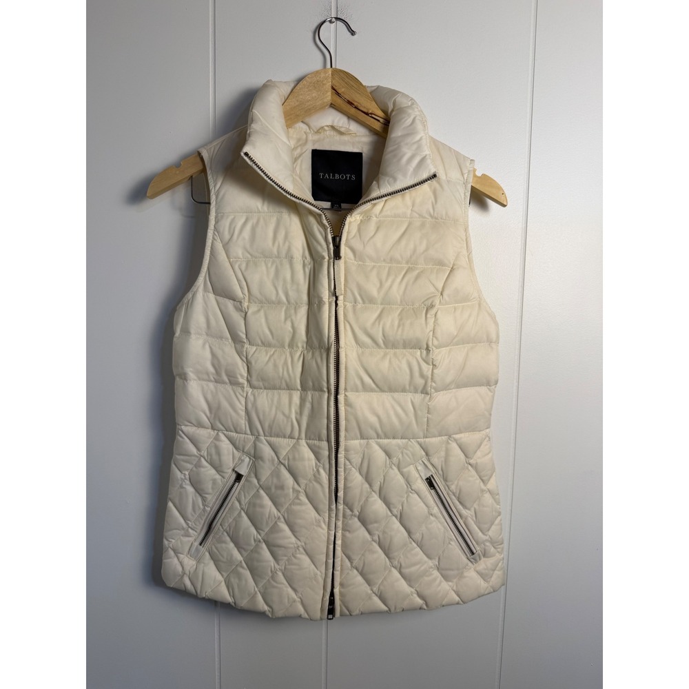 Talbots Puffer Vest XS Cream Quilted Down Fill Mock Neck Full Zip